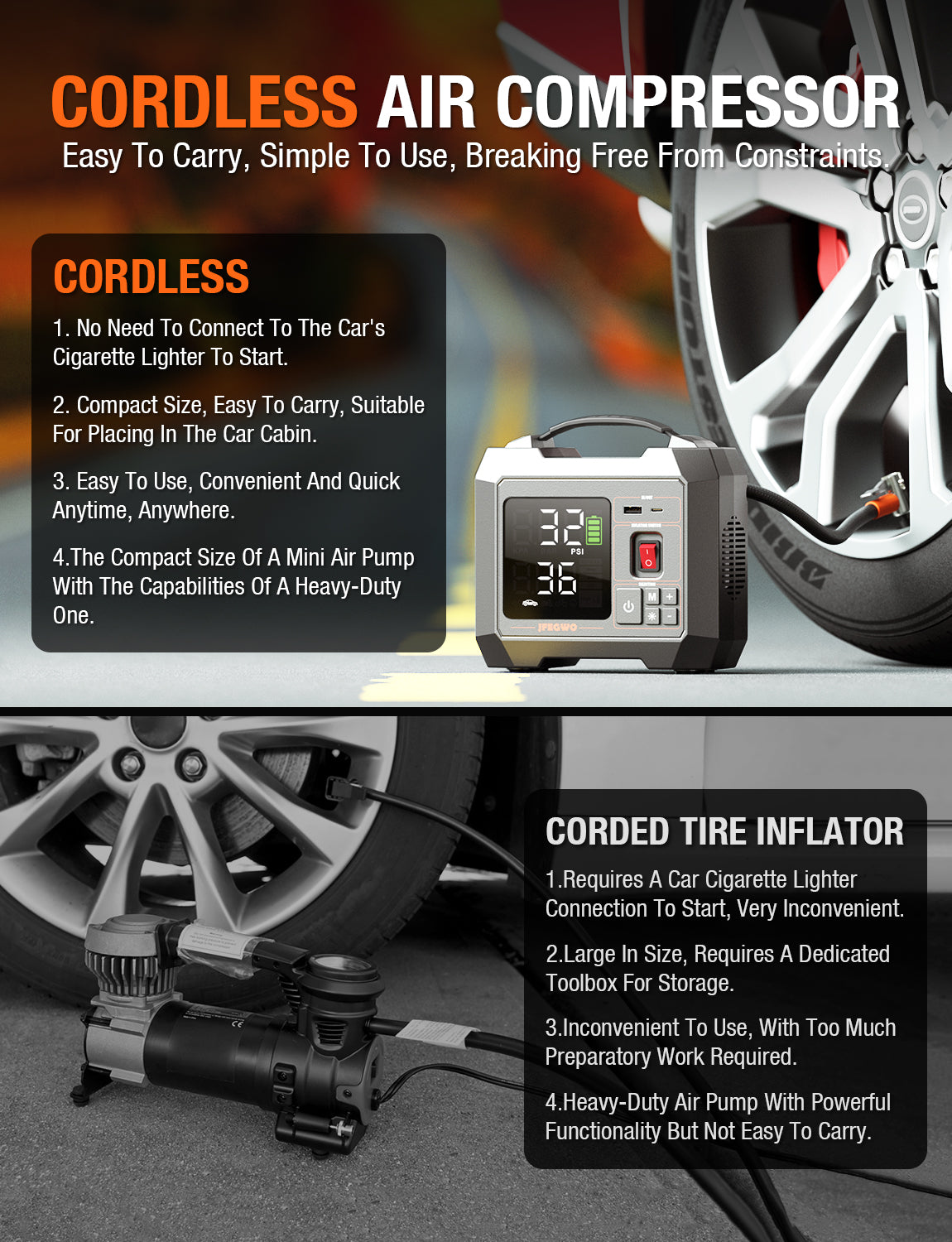 3 in 1 Car Air Compressor Wireless Tire Inflator Portable Auto