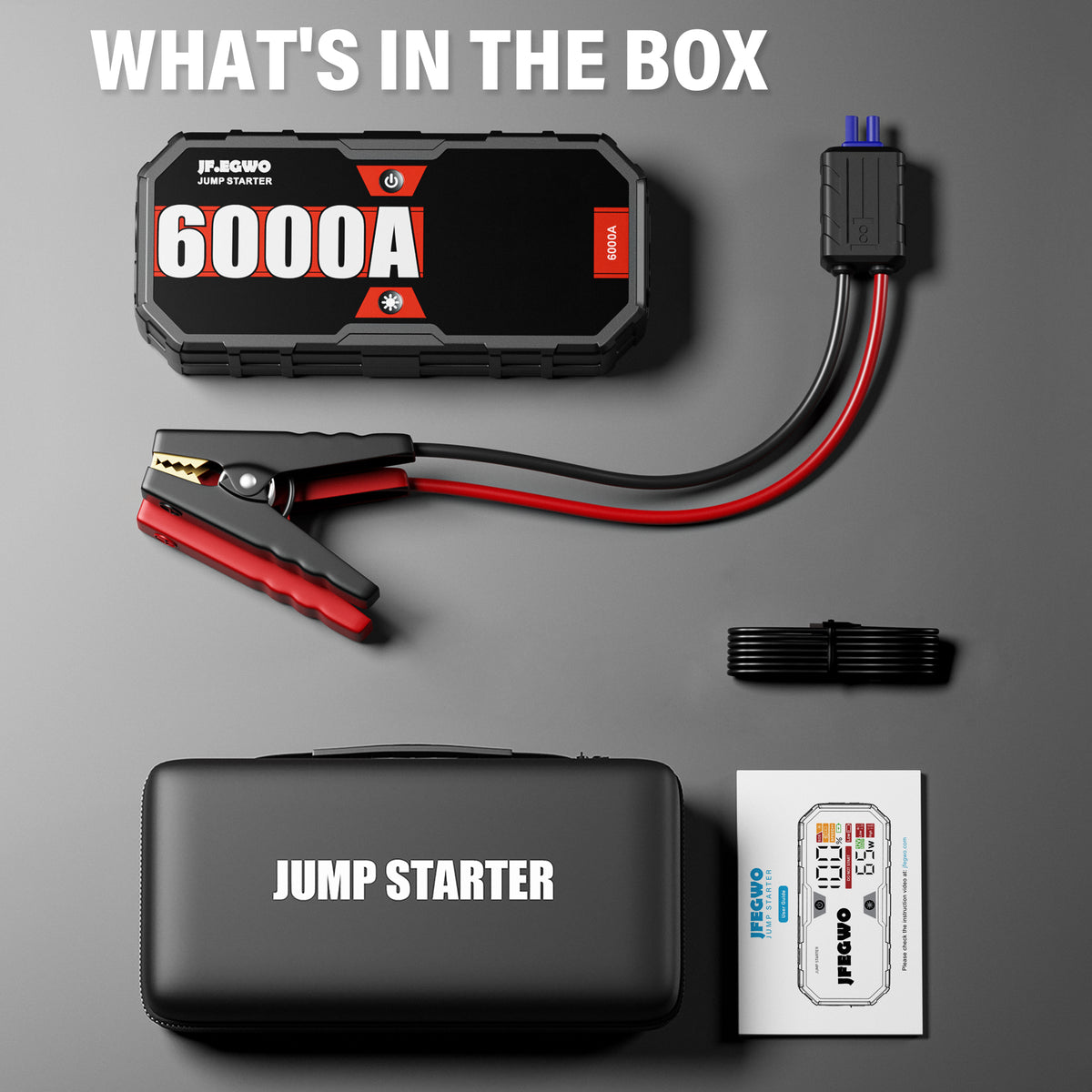 JFEGWO 6000A Jump Starter Bíll rafhlöðuhvatamaður 65W hraðhleðsla Samtals 230W Power Bank, Pro