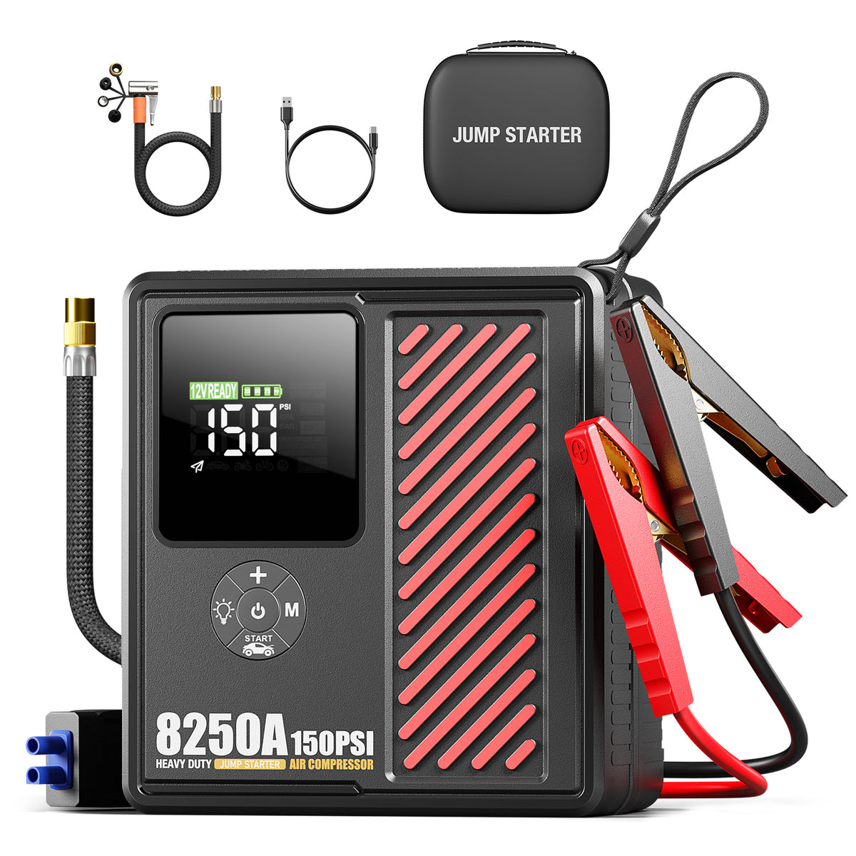 JFEGWO CS02-PRO 8250A Avviatore di emergenza per batteria auto con compressore d'aria