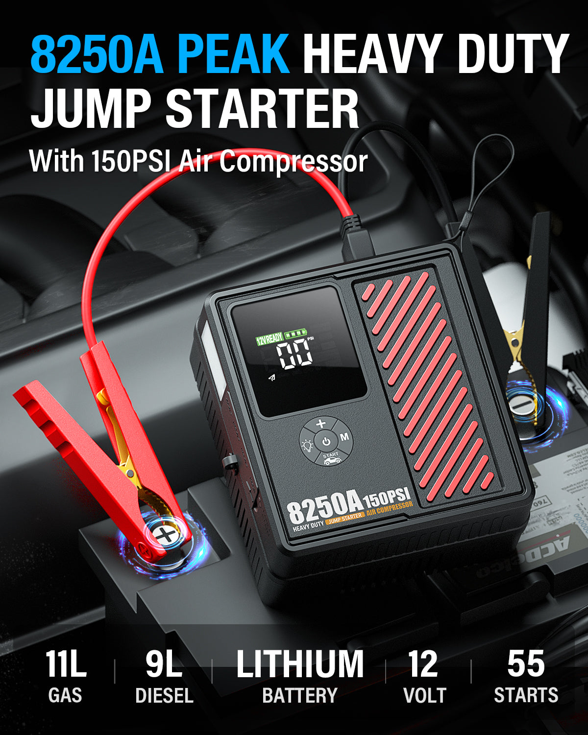 JFEGWO CS02-PRO 8250A Avviatore di emergenza per batteria auto con compressore d'aria