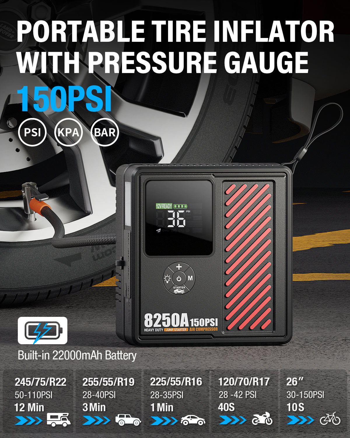 JFEGWO CS02-PRO 8250A Avviatore di emergenza per batteria auto con compressore d'aria