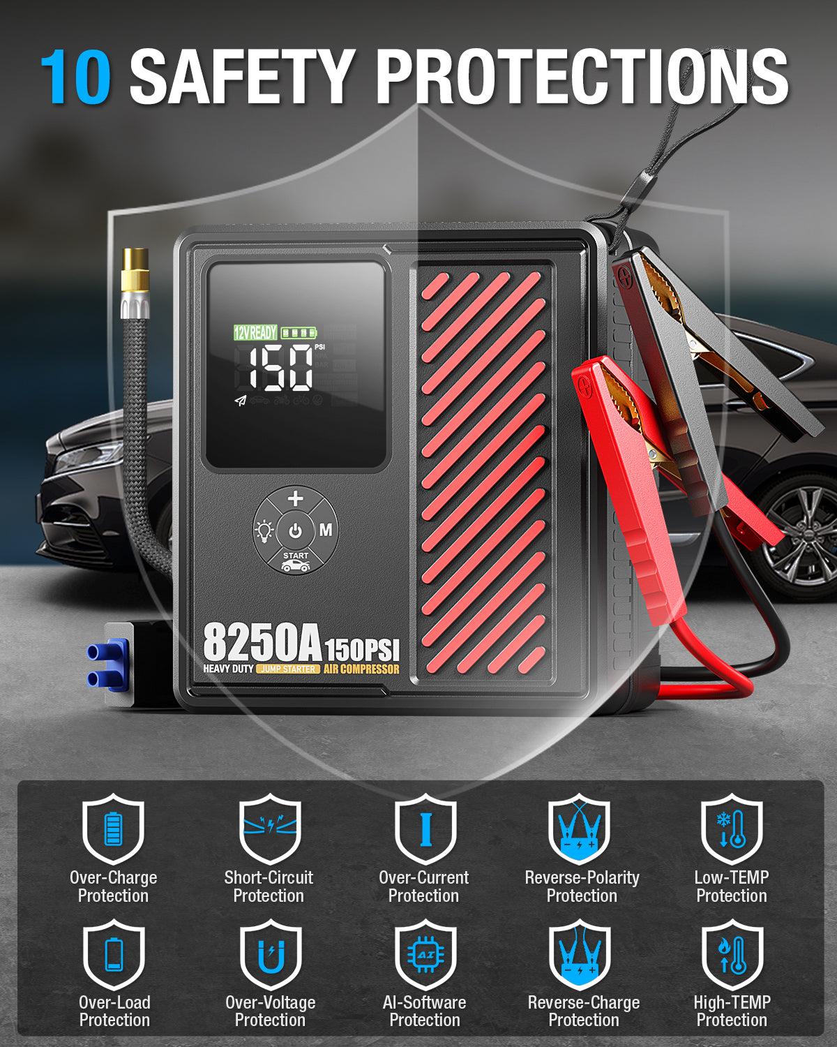 JFEGWO CS02 8250A Pro Car Battery Jump Starter with Air Compressor