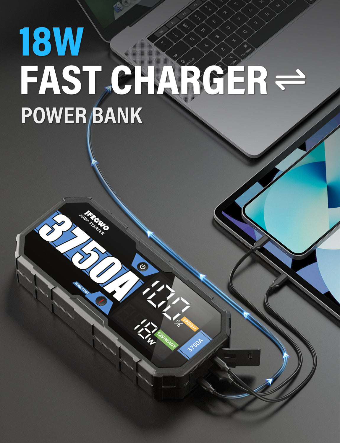 JFEGWO 3750A Pro Starthilfe Autobatterie Booster Power Bank