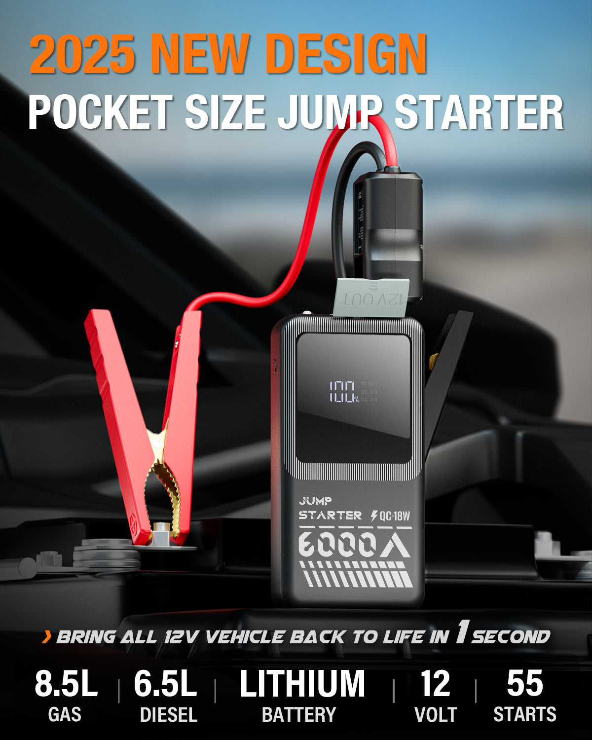 JFEGWO F55 6000A Bíll rafhlaða Jump Starter Vasastærð Jumper Booster