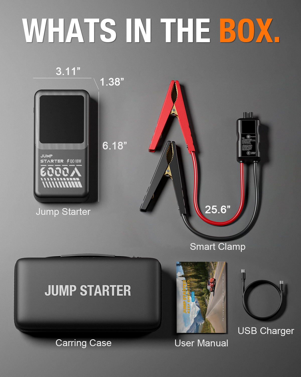 JFEGWO F55 6000A Bíll rafhlaða Jump Starter Vasastærð Jumper Booster